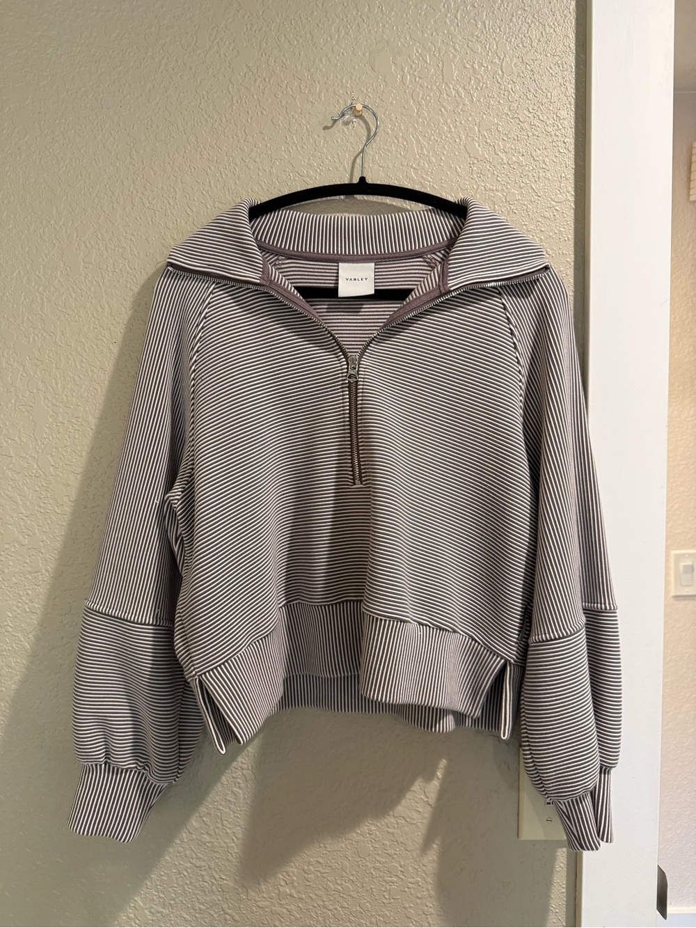 Varley Stripe Half-Zip Pullover Top in Grey & White